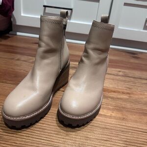 Yellow Box Cream Heeled Boots with Chunky Heel and Slip-On Design